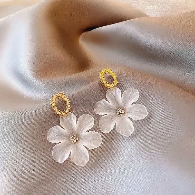White Flower Dangle Earrings Women Big Floral Drop Jewelry