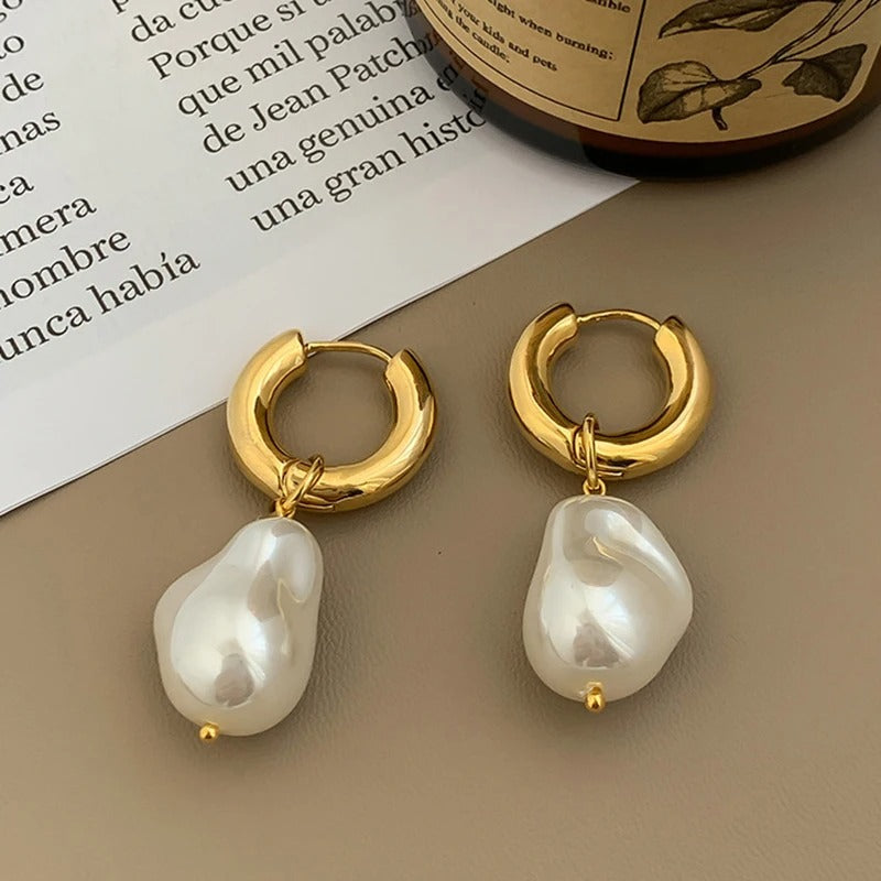 New Vintage Circle Drop Earrings Baroque Pearl Earrings Gold Color Round Ear clip Women Temperament Elegant Jewelry Party Gifts