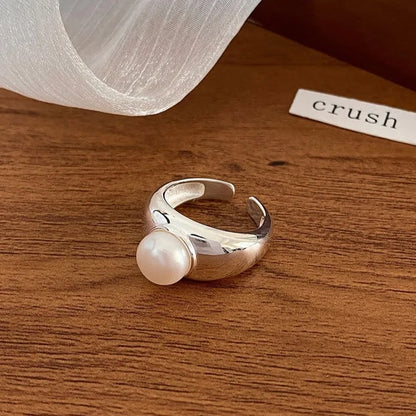 925 Sterling Silver Pearl Adjustable Ring for Women Wedding Engagement Jewelry