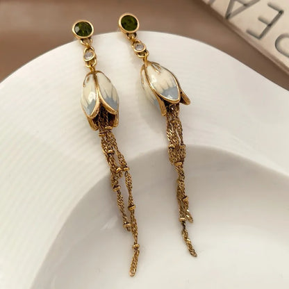 Trendy Jewelry Green Glass Pretty Lotus Long Chain Dangle Earrings For Women Girl Party Wedding Gift 2023 New