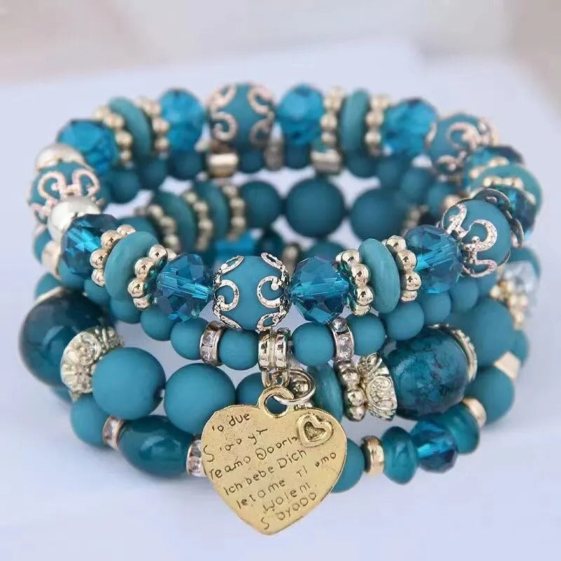 Women’s 4PCS Crystal Beads Bracelets Heart Letter Elastic Bangles Gift