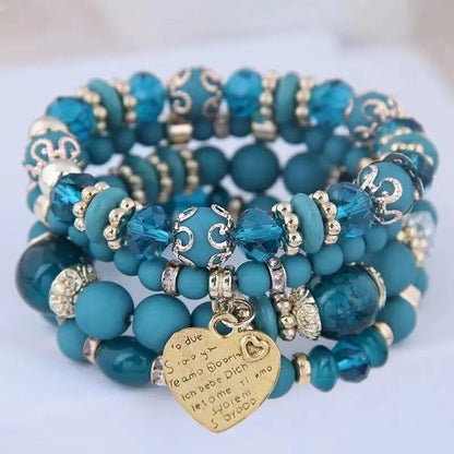 Women’s 4PCS Crystal Beads Bracelets Heart Letter Elastic Bangles Gift