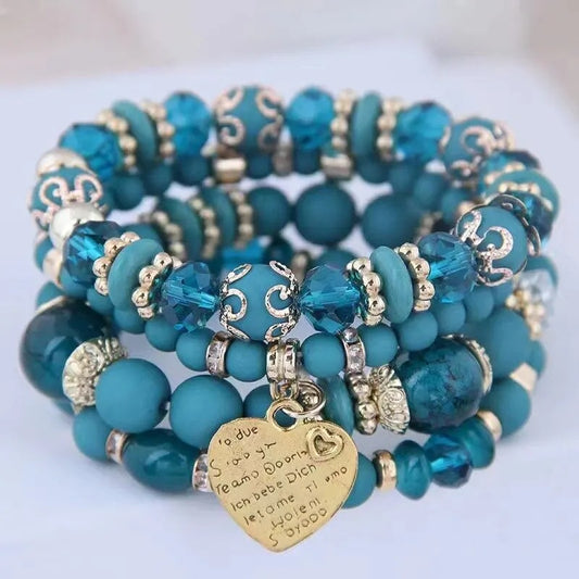 Women’s 4PCS Crystal Beads Bracelets Heart Letter Elastic Bangles Gift