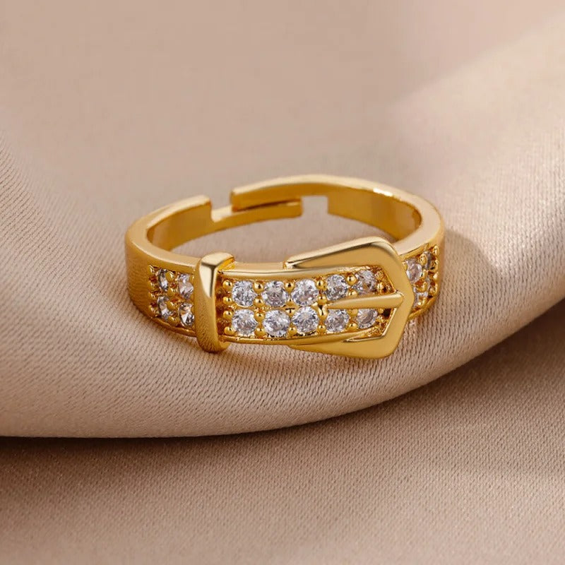 Chic Gold Buckle Zircon Adjustable Ring Fashion Trendy Jewelry for Women