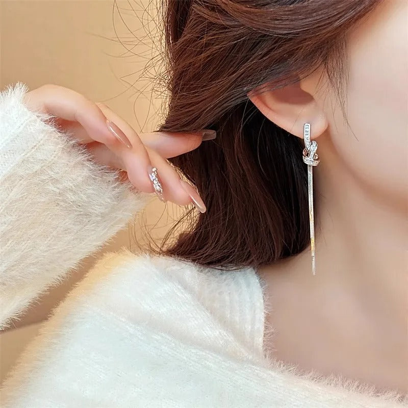 Korean Rhinestone Knot Tassel Earrings Women Luxury Jewelry