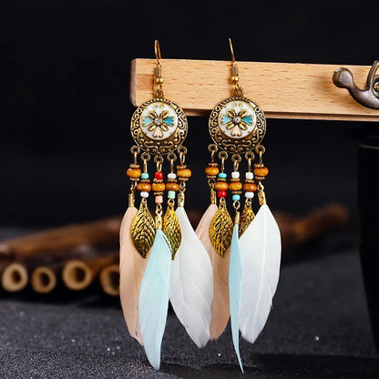 Bohemian Vintage Long Earrings Carved Leaf & Feather Tassel