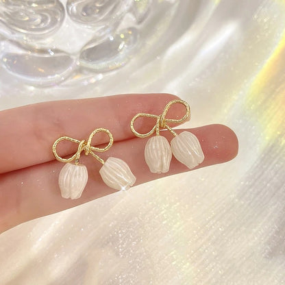 Elegant White Tulip Stud Earrings Women Gold Bowknot Party Jewelry