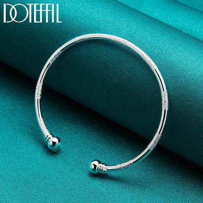 DOTEFFIL 925 Silver Double Beads Cuff Bangle Smooth Matte Bracelet