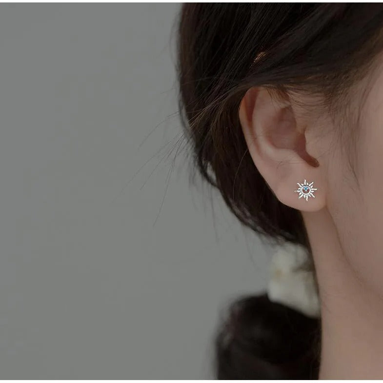 Sterling Silver Blue Zircon Sun Small Stud Earrings For Women Piercing Elegant High Fine Jewelry Best Selling