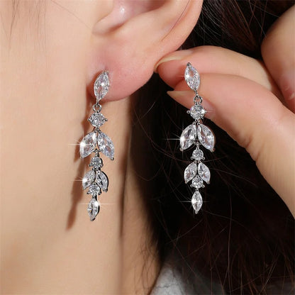 Elegant Marquise Leaf CZ Drop Earrings for Weddings