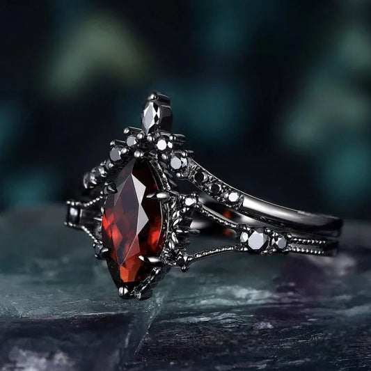 Exquisite Black Color Oval Hollow Red Black Stone Rings for Women Jewelry Anniversary Rings Set Gift