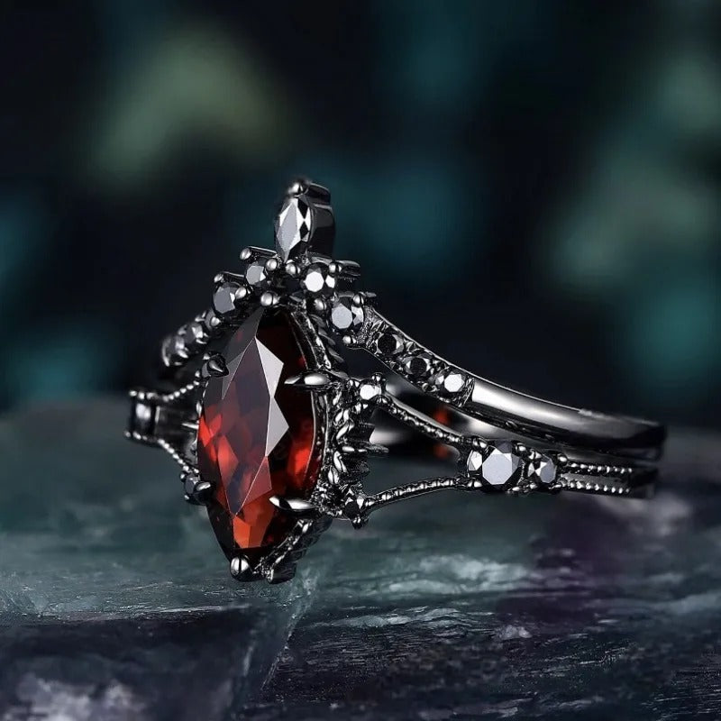 Exquisite Black Color Oval Hollow Red Black Stone Rings for Women Jewelry Anniversary Rings Set Gift