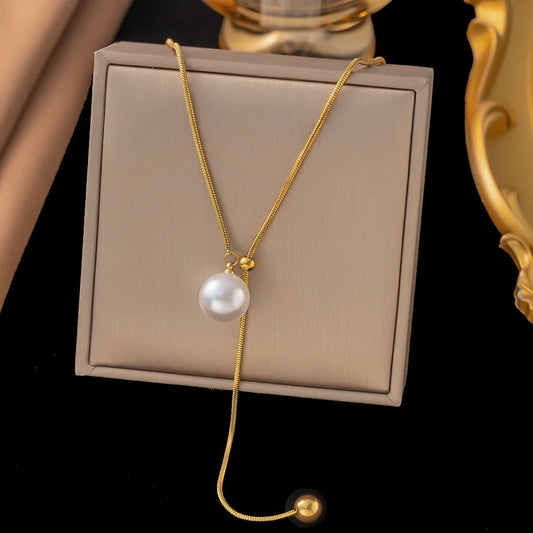 316L Stainless Steel Pearl Minimalist Pendant Necklace For Women Adjustable Slider Clasp Rope Chain Jewelry Party Gift