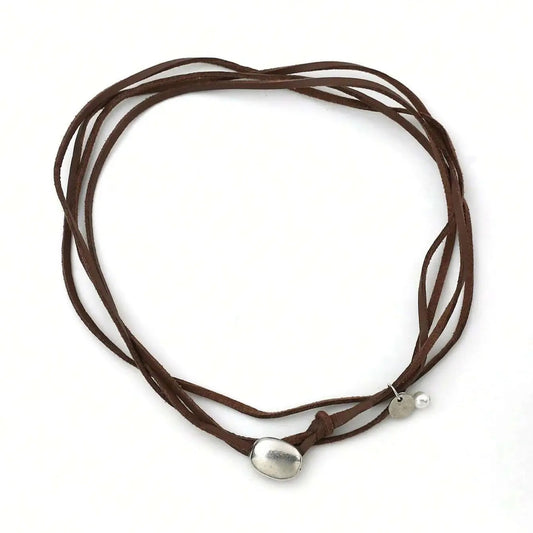1Pc Retro Round Brand Simple Style Leather Rope Metal Imitation Pearl Brown Silver Color Necklace Woman Party Daily