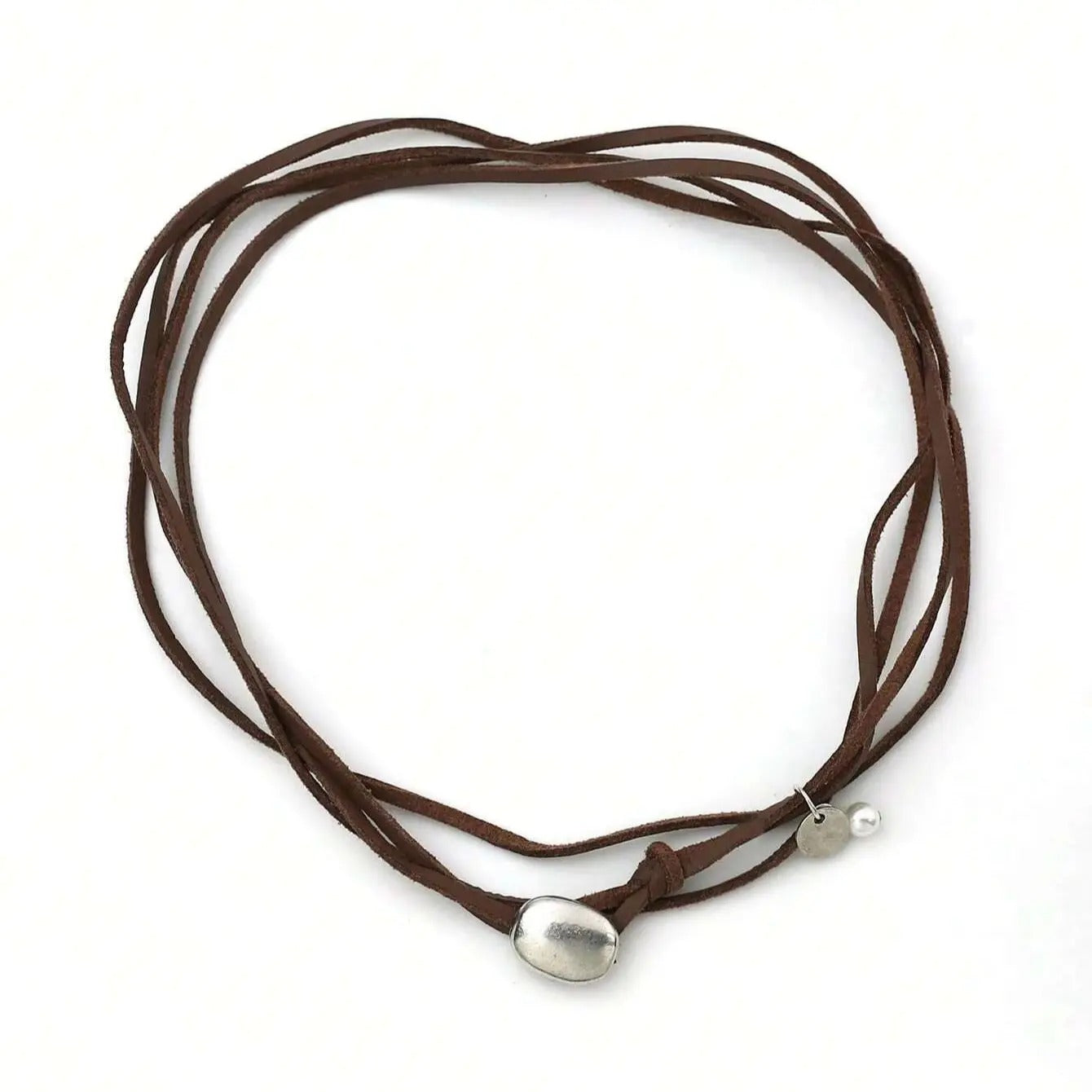 1Pc Retro Round Brand Simple Style Leather Rope Metal Imitation Pearl Brown Silver Color Necklace Woman Party Daily