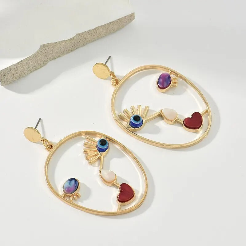 Gold Geometric Face Earrings Women Evil Eye Beads Dangle Jewelry Gift