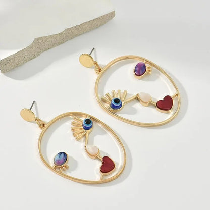Gold Geometric Face Earrings Women Evil Eye Beads Dangle Jewelry Gift