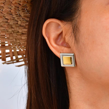 Metal Square Stud Earrings Women Minimalist Stainless Steel Jewelry