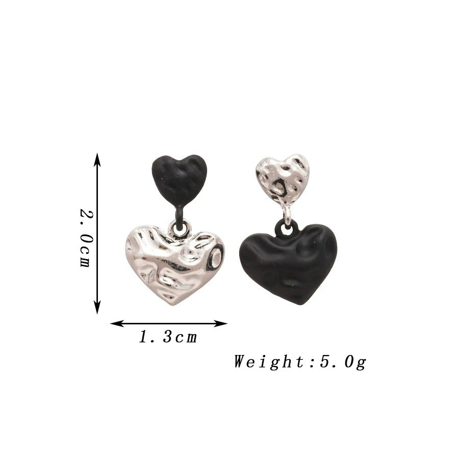 Silver Heart Drop Earrings with Black Double Love for Women