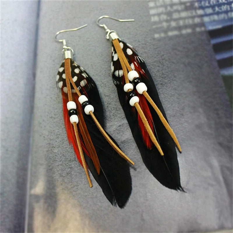 1Pair Tassel Dangling Earrings Colorful Feather Leather Beads Earrings Indian Feathers Summer Women Fashion Jewelry