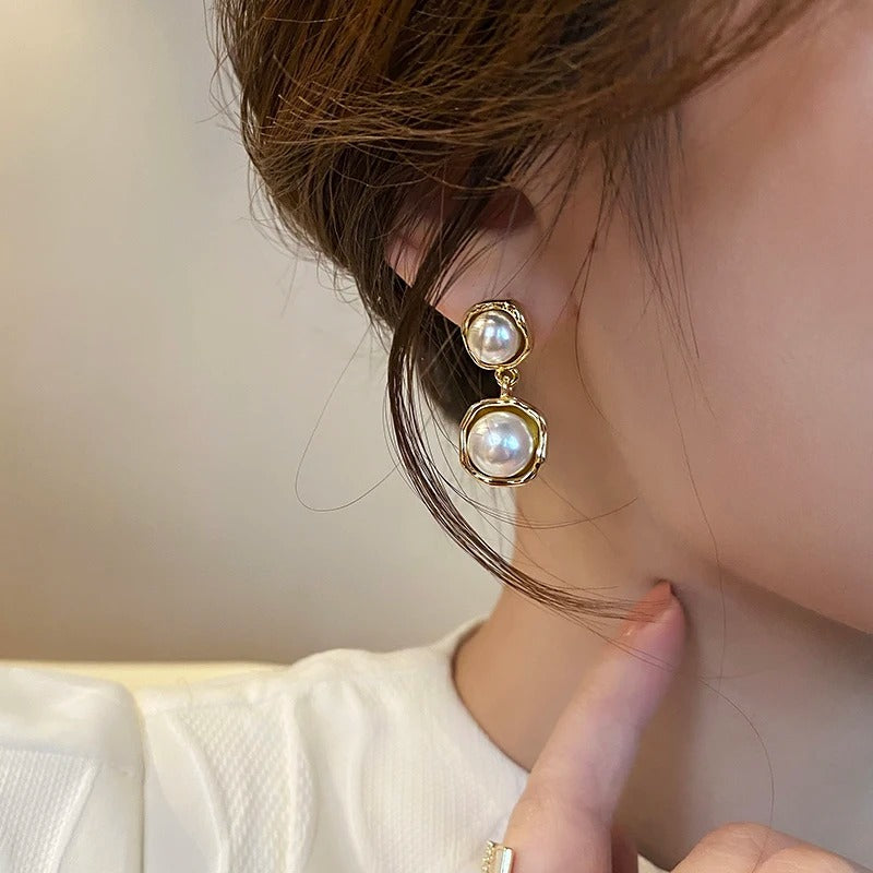 Retro Pearl Geometric Pendant Earrings for Women Korean Fashion Jewelry