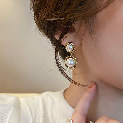 Retro Pearl Geometric Pendant Earrings for Women Korean Fashion Jewelry