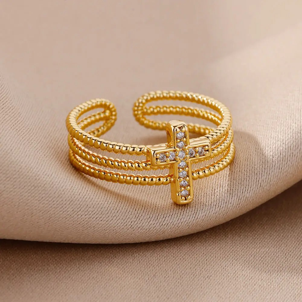 Luxury Zircon Cross Ring Adjustable Stainless Steel Women’s Jewelry Gift 2025.