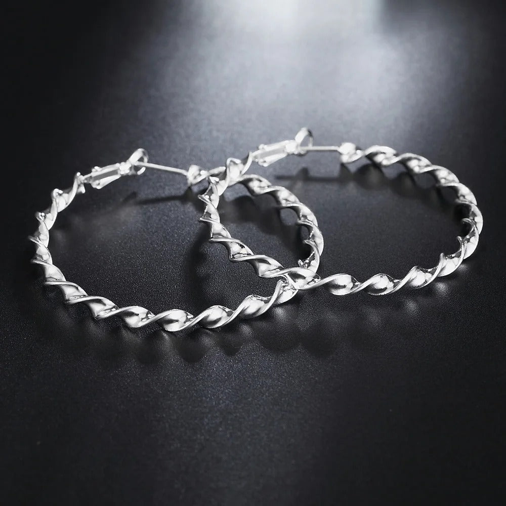 Women Sterling Silver Rope Hoop Earrings Elegant Luxury Jewelry Gift