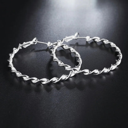 Women Sterling Silver Rope Hoop Earrings Elegant Luxury Jewelry Gift
