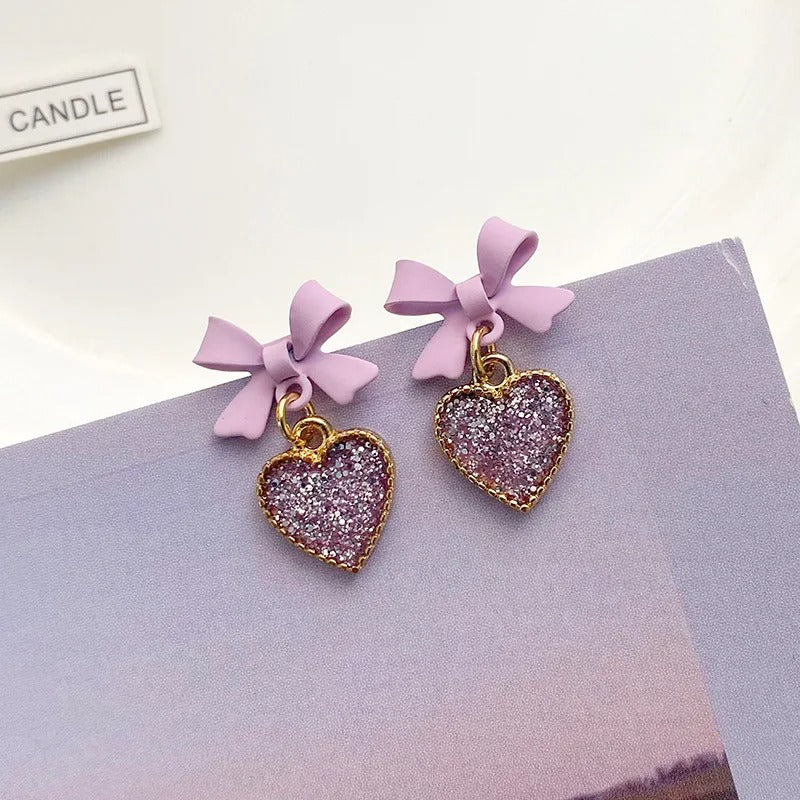 Purple Crystal Heart Bow Dangle Earrings for Women