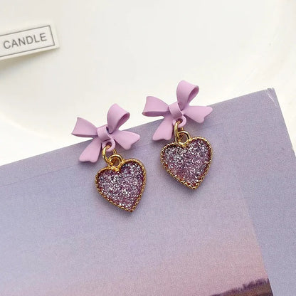 Purple Crystal Heart Bow Dangle Earrings for Women