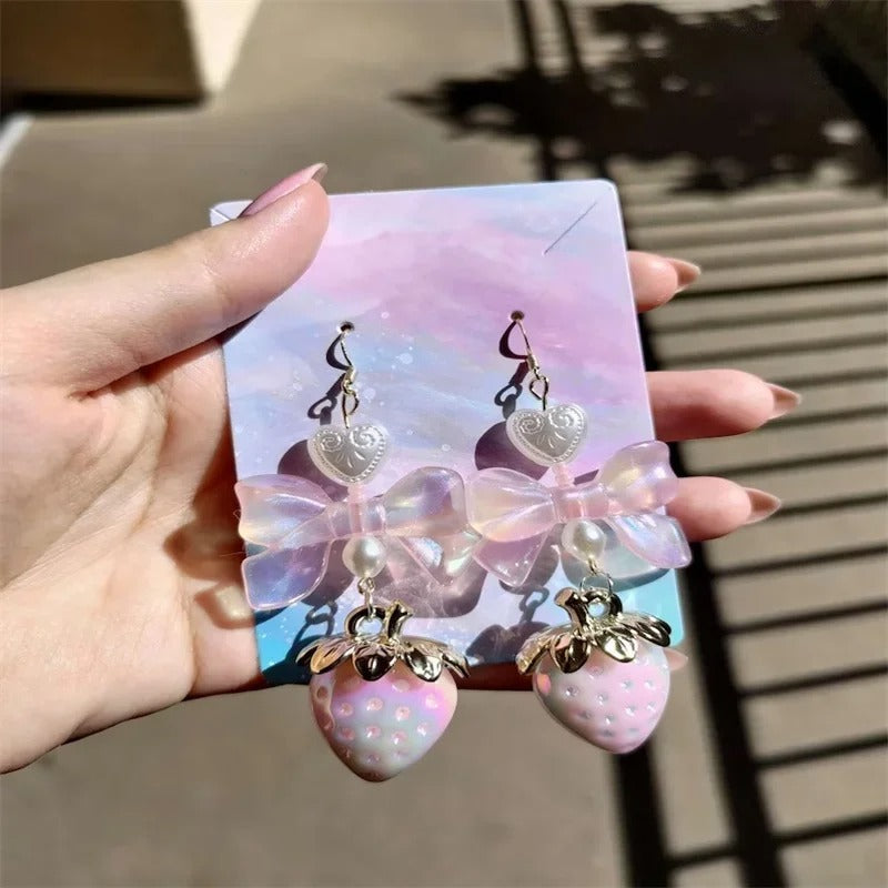 Pastel strawberry coquette cottage core bow earrings pearl heart milky