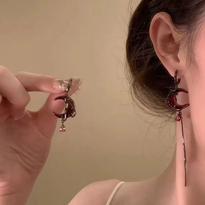 Red Moon Tassel Cosplay Earrings for Unisex