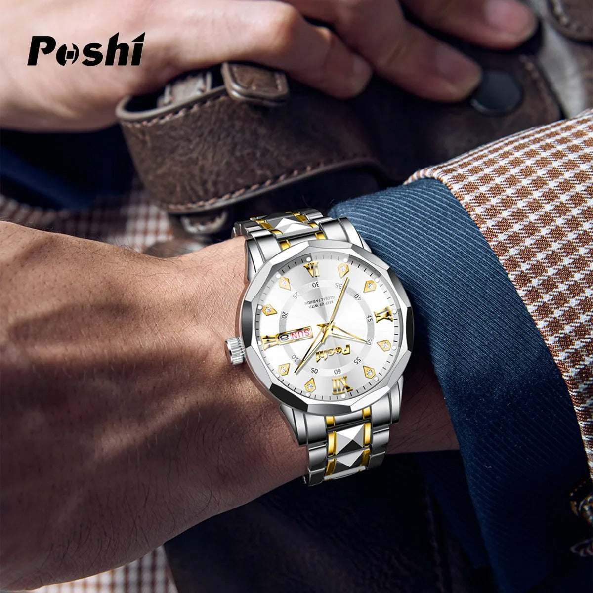 Men’s Date & Week Quartz Watch POSHI Luminous Waterproof Watch