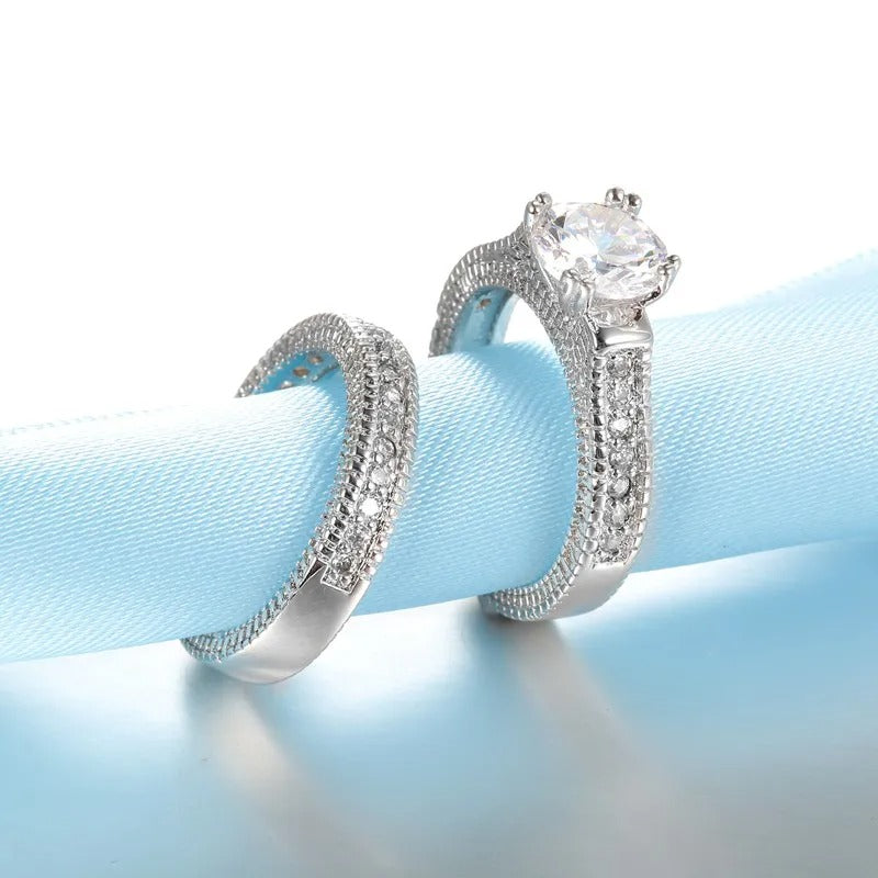 Elegant 925 Silver Wedding Engagement Couple Rings CZ Stone