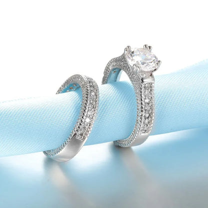 Elegant 925 Silver Wedding Engagement Couple Rings CZ Stone