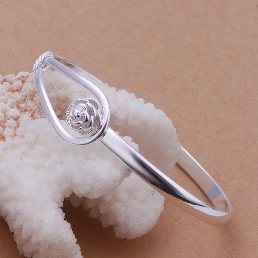 925 Sterling Silver Bangle Flower Buckle Bracelet for Women