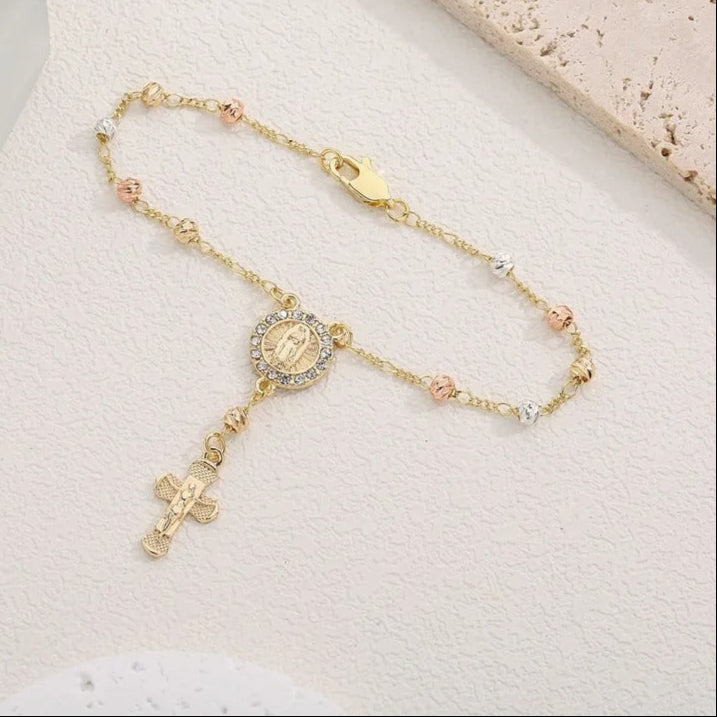 Virgin Mary Rosary Bead Cross Bracelet for Women Tri-color Style Bracelet for Women Fashion Bangle Jewelry