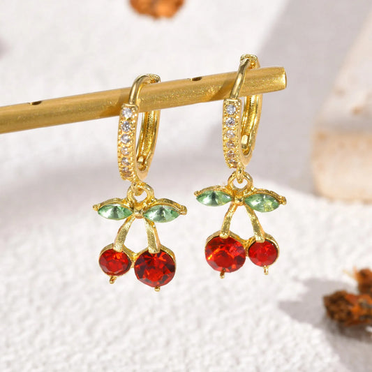 Cherry Zirconia Dangle Earrings Women Gold Plated Jewelry