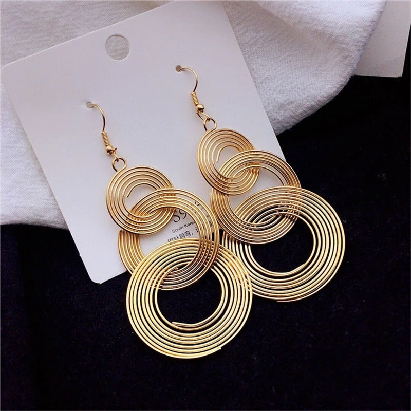 Three-Layer Circle Long Drop Earrings Women Punk Metal Jewelry