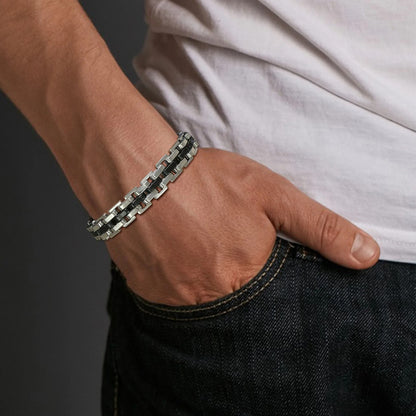 Men’s Black & Silver Watchband-Style Chain Bracelet Teens & Boys