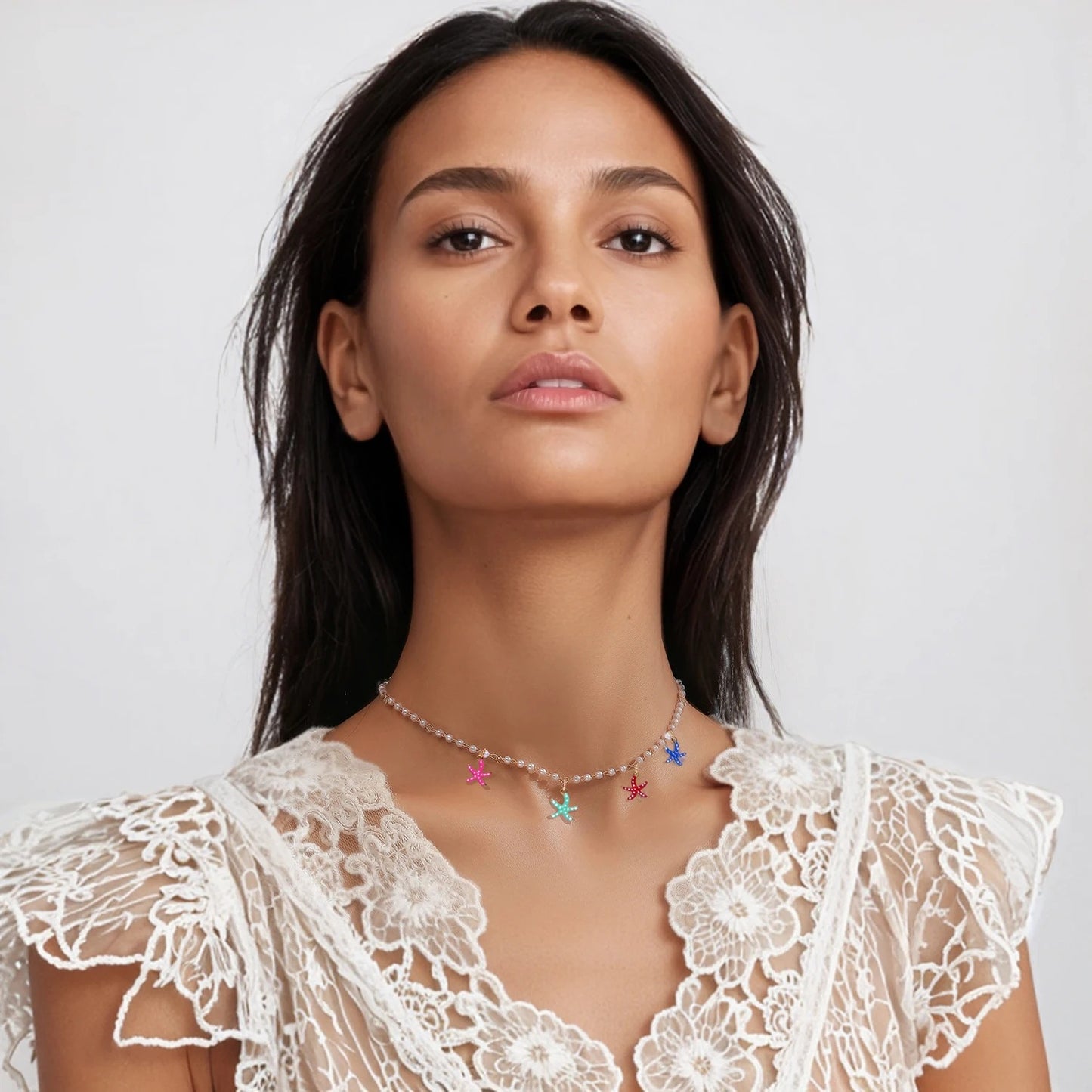 Boho Starfish Pendant Pearl Necklace Women Coastal Gift