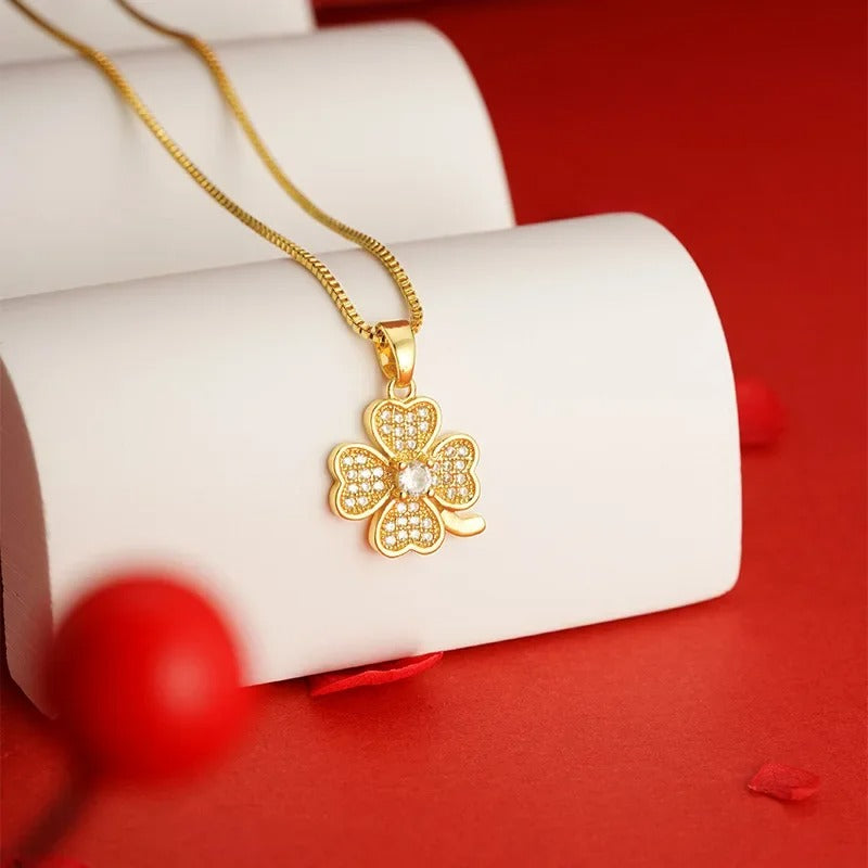 Real 14k Gold Color Clover Pendant with Zircon Box Necklace Chain for Women Luxury Jewelry Clavicle Chain Fine Jewelry Gifts