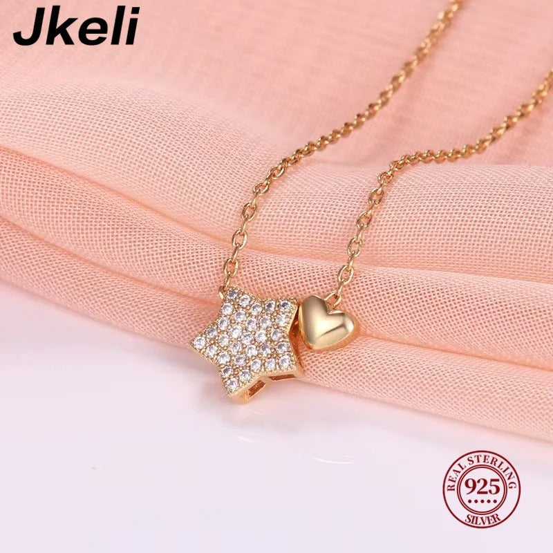 925 Sterling Silver Necklace Sweet Star Heart Pendant 18k Necklace For Women Wedding Statement Fine Jewelry