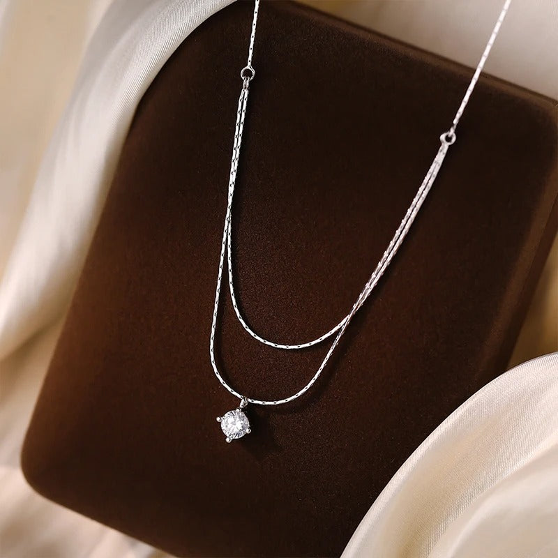 Elegant Double Layered Silver Necklace Four Claw Zircon Jewelry