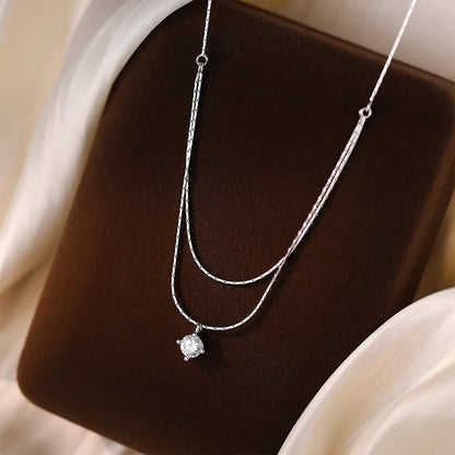 Elegant Double Layered Silver Necklace Four Claw Zircon Jewelry