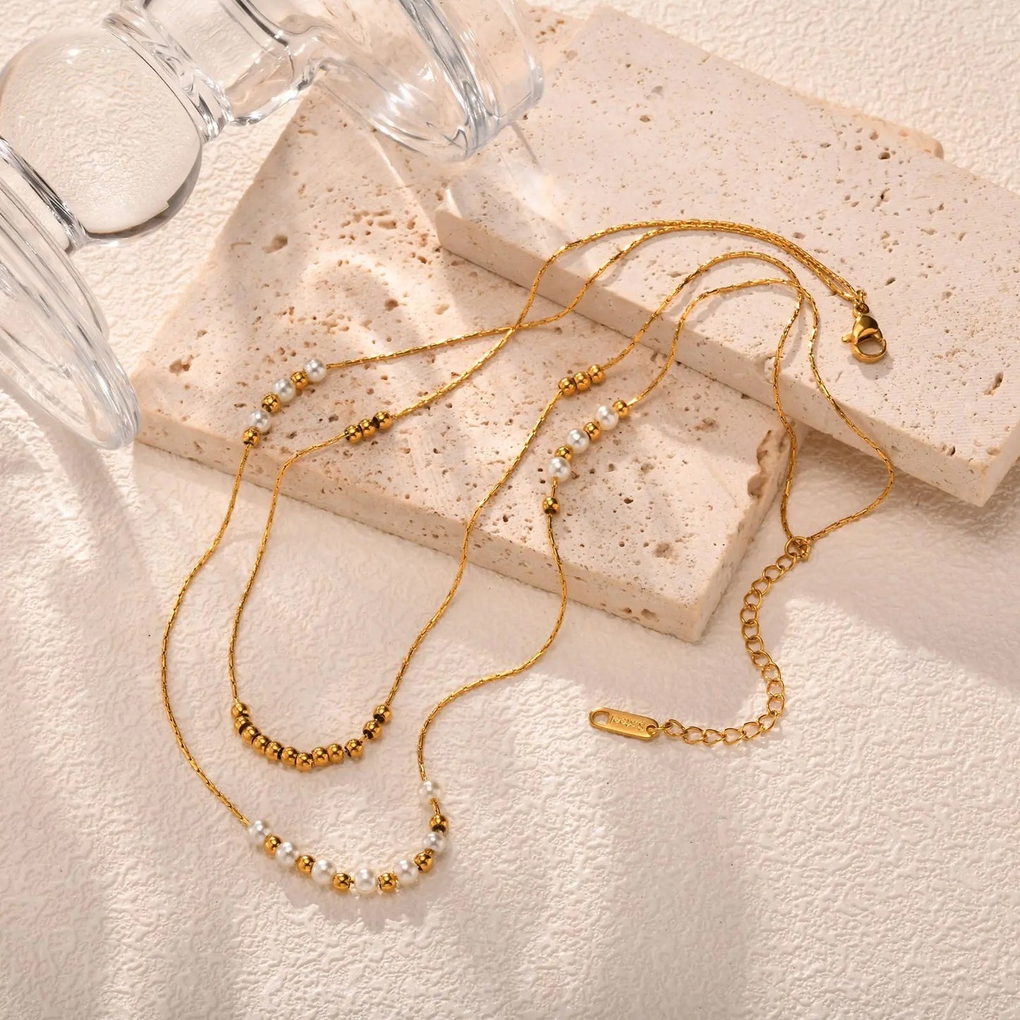 Elegant Double Layer Pearl Bead Necklace Stainless Steel Hammer Chain