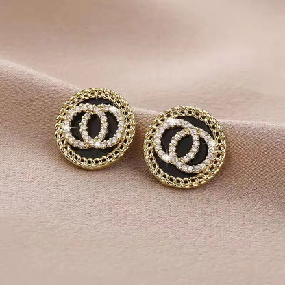 Black Enamel & Crystal Double Circle Stud Earrings Korean Style