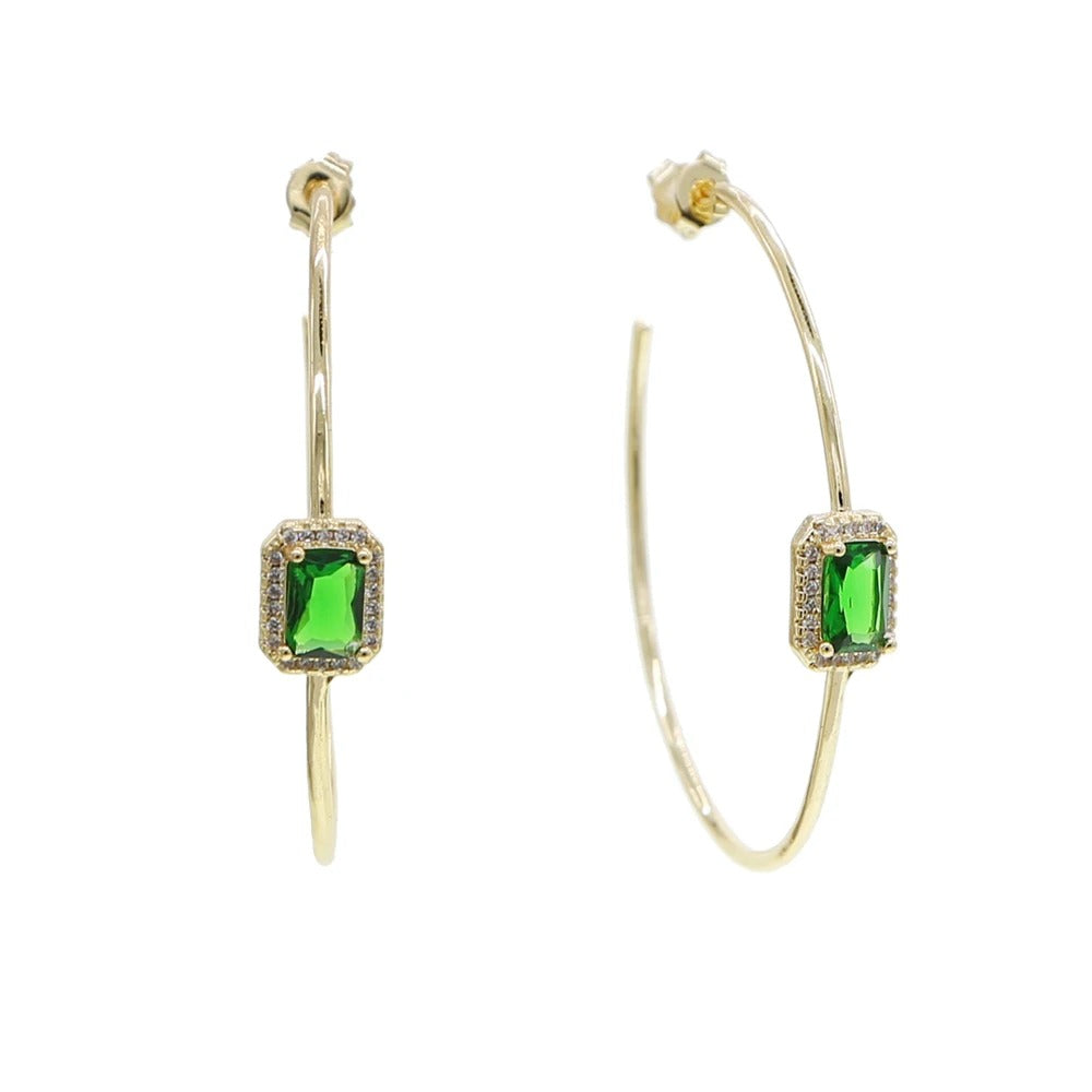 Big Gold Hoop Earrings with Green Rectangle for Women