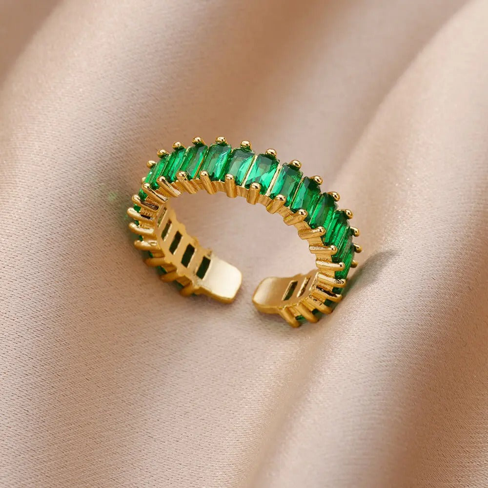 Tiny Green Zircon Ring for Women Geometric Stainless Steel Jewelry